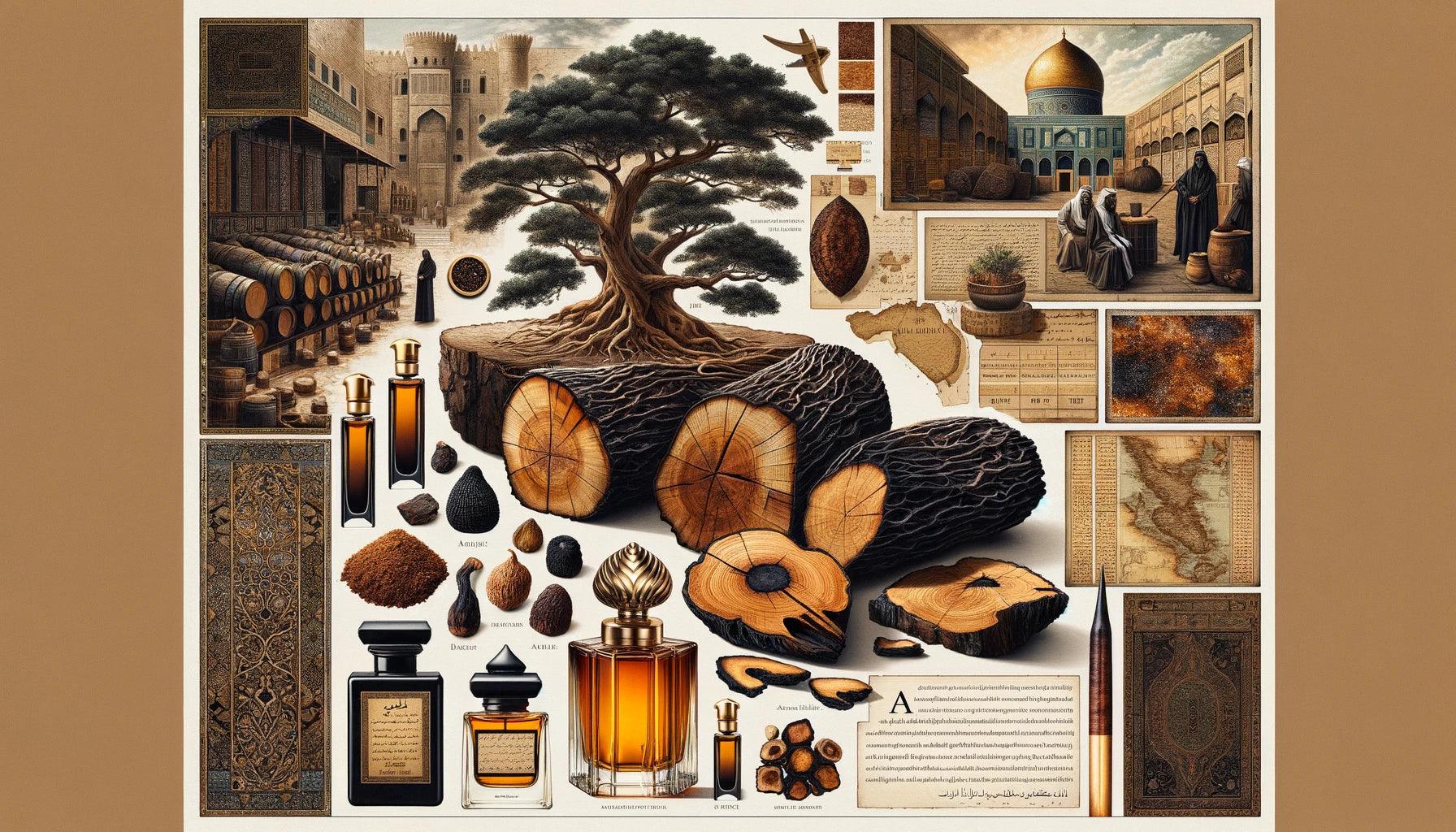 An artistic representation of oud, highlighting its rich history and origins. The image conveys the precious nature of agarwood, revered for centuries across cultures for its deep, complex aroma and rarity.
