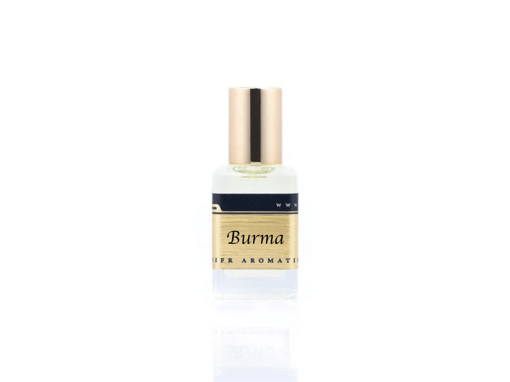 15ml roller ball oil perfume bottle placed elegantly on a white background. The bottle is sleek and cylindrical, with a smooth glass body and a polished metal roller ball at the top. The label on the bottle is designed in gold and black, featuring Sifr Aromatics' logo and the perfume name 'Burma.' The overall aesthetic is clean and sophisticated, highlighting the high-quality craftsmanship of the product