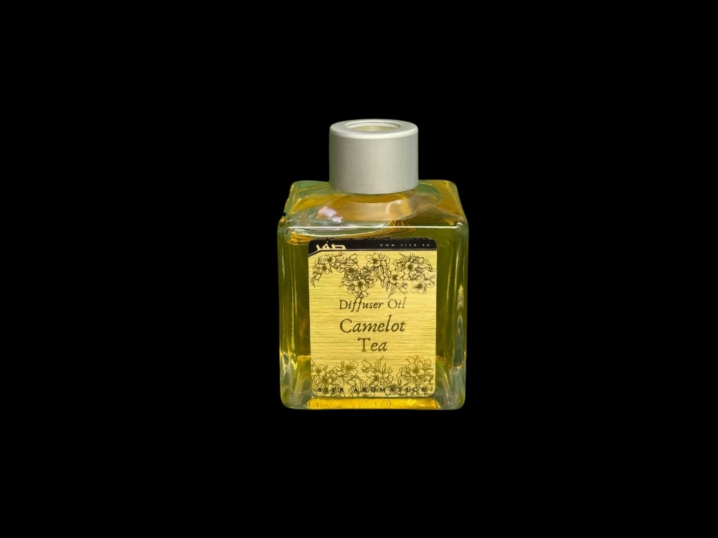 100ml Camelot Tea diffuser oil in glass container from Sifr Aromatics, a lively floral home scent blending jasmine, sweet peaches, and cornflower