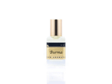 15ml roller ball oil perfume bottle placed elegantly on a white background. The bottle is sleek and cylindrical, with a smooth glass body and a polished metal roller ball at the top. The label on the bottle is designed in gold and black, featuring Sifr Aromatics' logo and the perfume name 'Burma.' The overall aesthetic is clean and sophisticated, highlighting the high-quality craftsmanship of the product