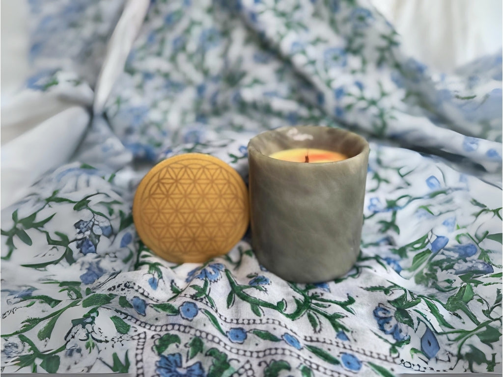 Sifr Aromatics All Melody candle, hand-poured soy wax in a marble jar with pink glitter swirls and a customised laser-engraved gold lid.