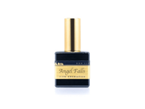 50ml spray bottle of Eau De Parfum placed elegantly on a white background. The bottle is sleek and black, with a polished gold cap. The label on the bottle is designed in gold and black, featuring Sifr Aromatics' logo and the perfume name 'Angel Falls' The overall aesthetic is clean and sophisticated, highlighting the high-quality craftsmanship of the product.