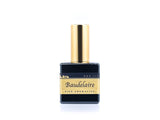 50ml spray bottle of Eau De Parfum placed elegantly on a white background. The bottle is sleek and black, with a polished gold cap. The label on the bottle is designed in gold and black, featuring Sifr Aromatics' logo and the perfume name 'Baudelaire.' The overall aesthetic is clean and sophisticated, highlighting the high-quality craftsmanship of the product
