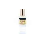 15ml roller ball oil perfume bottle placed elegantly on a white background. The bottle is sleek and cylindrical, with a smooth glass body and a polished metal roller ball at the top. The label on the bottle is designed in gold and black, featuring Sifr Aromatics' logo and the perfume name 'Ainur.' The overall aesthetic is clean and sophisticated, highlighting the high-quality craftsmanship of the product.